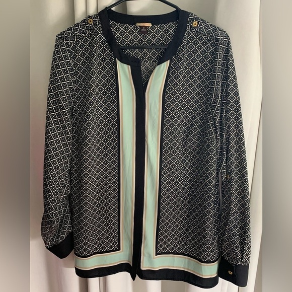 Dana Buchman Tops - Dana Buchman Black w/Mint & Peach PatternedTunic Button Down Blouse; Size 12